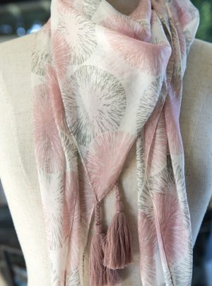 silk scarf in pastel pink pattern and with pink tassels