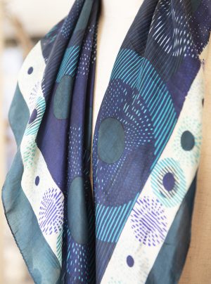 silk scarf in blue and green with tassels