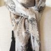 silk scarf with tassels and black and taupe pattern