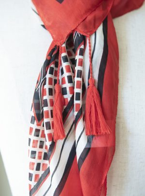 Bold patterned silk scarf with tassels