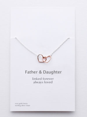necklace with 2 linked hearts in rose gold and stering silver curb chain