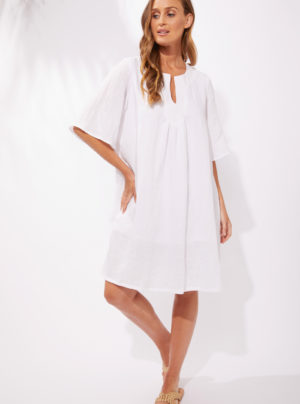 white linen knee length dress