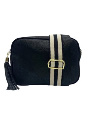 black bag with stripe canvas strap
