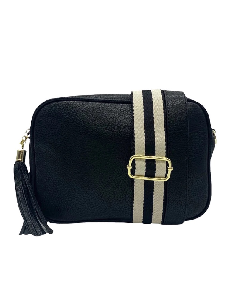 black bag with stripe canvas strap