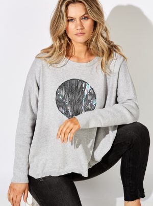 marle grey knit with large sequin circle on the front
