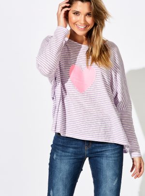 lilac and white striped top with pink heart motif on the front