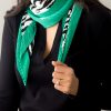 model wearing a pleated scarf with animal print and a green border