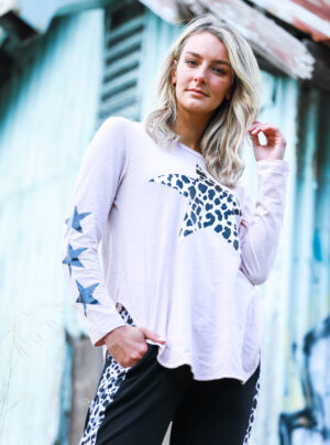 Leopard star long sleeve tee with 3 small stars on the right sleeve
