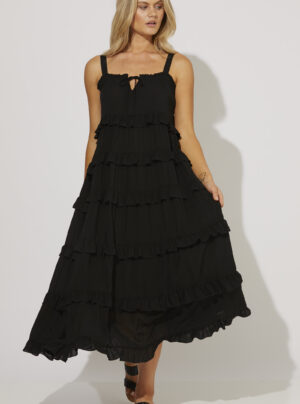 Maxi dress with frills in black