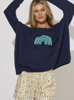 Navy knit with green coloured rainbow motif