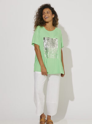 Lime tee shirt with silver sequins on the front