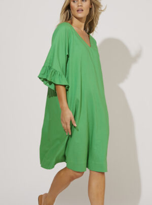 Green linen dress with frill sleeves