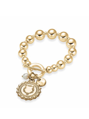 Elasticised gold ball bracelet with coin and freshwater pearl charm