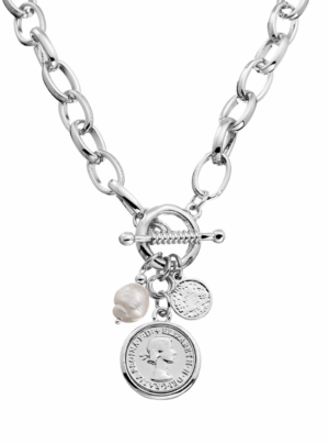 silver chain with fob and coin and freshwater pearl