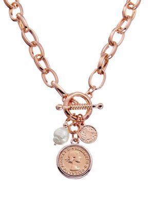 rose gold chain with coin and pearl charm