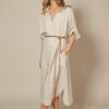 Long linen button through dress in bone colour with tan leather belt