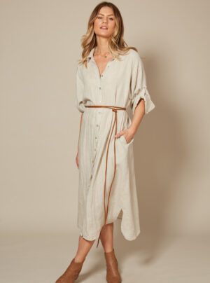Long linen button through dress in bone colour with tan leather belt