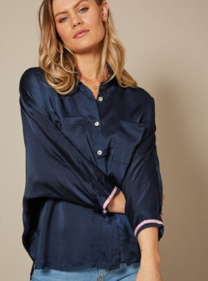silky blue shirt with contrast cuffs