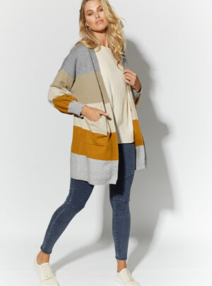 Long line cardigan in earthy coloured bold stripes