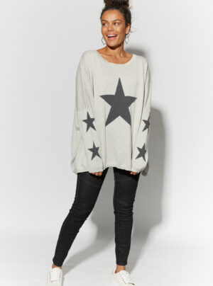 Marle grey knit top with dark grey star on the front and sleeves