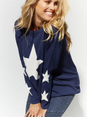 Navy knit with white star on the front and stars on the sleeves
