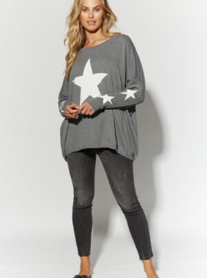 Grey knit top with white star on front and on sleeves