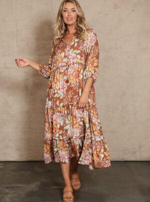 tiered dress with floral print in clay