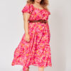 Maxi dress with frill butterfly sleeves in pink and orange print