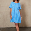 cobalt blue dress with ruched front in linen