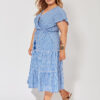 Cobalt and white gingham dress with drawstring waist and short sleeves