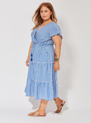 Cobalt and white gingham dress with drawstring waist and short sleeves