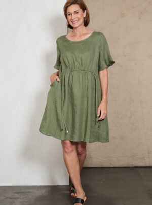 linen dress with ruched front in fern green