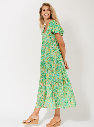 green print dress with frill leaves