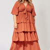 Tiered maxi dress with tie front in rust