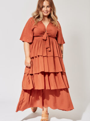 Tiered maxi dress with tie front in rust