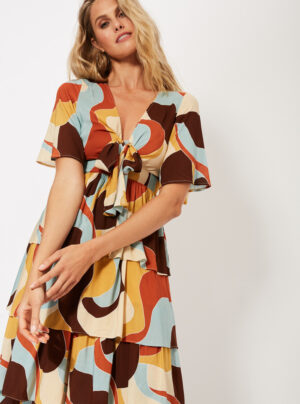tiered maxi with tie front in swirly pattern
