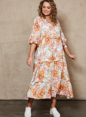 Tiered floral dress with white background