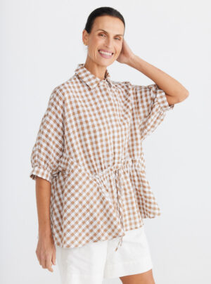 toffee and white gingham top with tie detail at the front