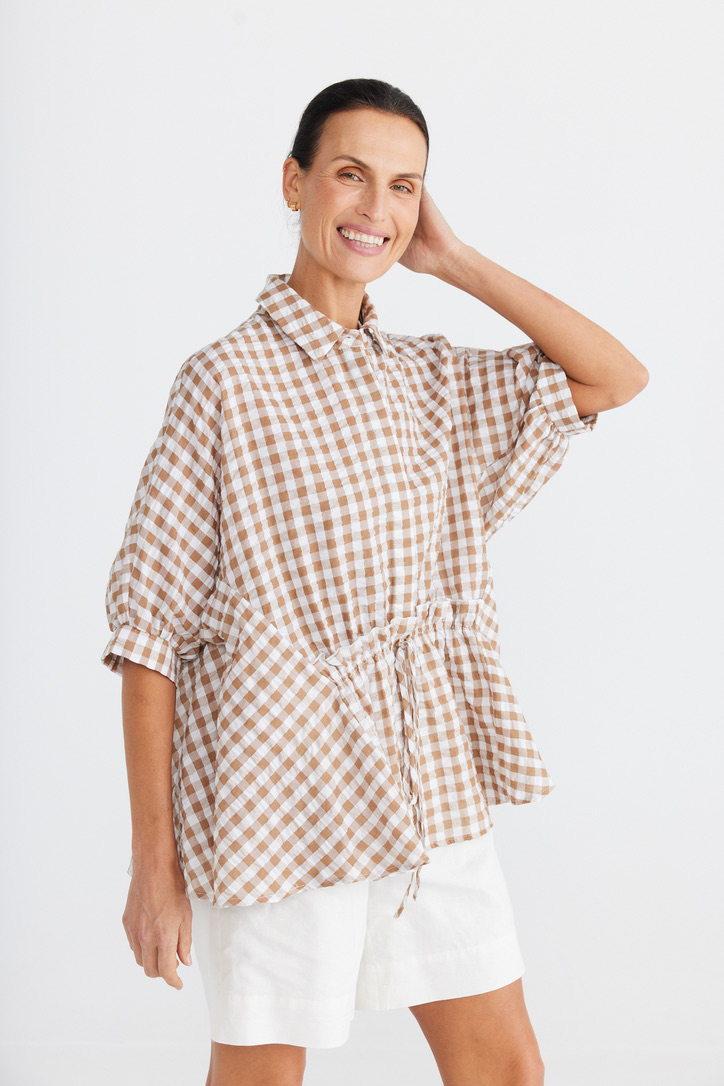toffee and white gingham top with tie detail at the front