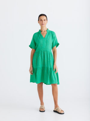 green linen dress with tie at the back