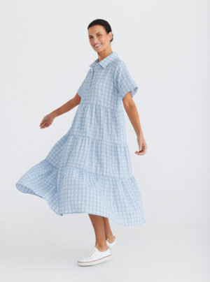 blue and white tiered check dress