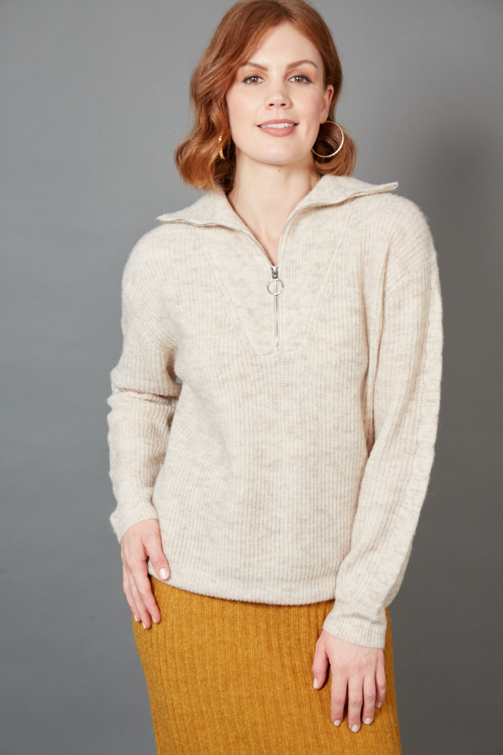 ribbed jumper with front zip and cable pattern on arms