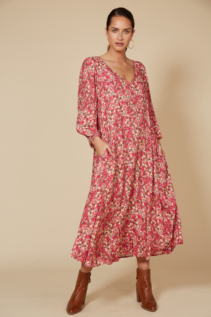 maxi dress with a small floral print in a rose pink colour