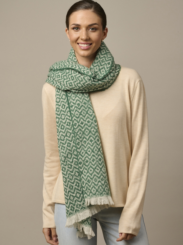 Green chevron stripe scarf with fringe detail