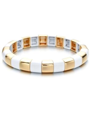 Bracelet with white and gold square enamel beads on stretchy elastic
