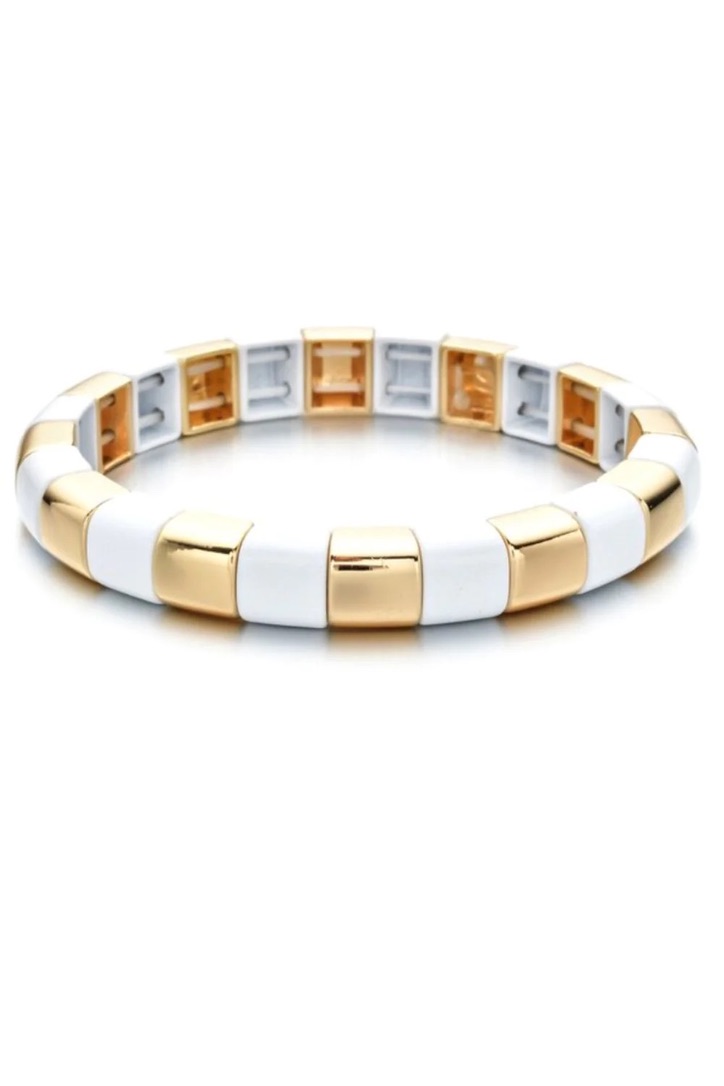 Bracelet with white and gold square enamel beads on stretchy elastic