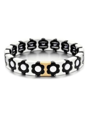 bracelet on stretchy elastic with black and white daisy pattern
