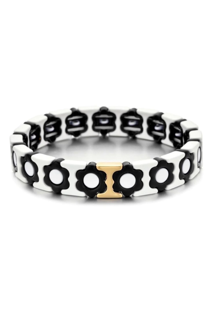 bracelet on stretchy elastic with black and white daisy pattern